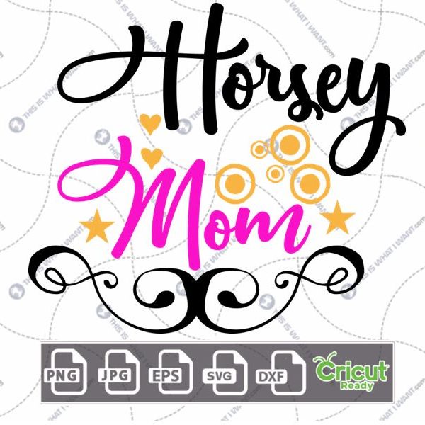 Horsey Mom Text with Little Yellow Dots & Hearts Art Design - Hi-Quality Vector in Ai, Svg, Jpg, Png, Eps Formats - Cricut Ready