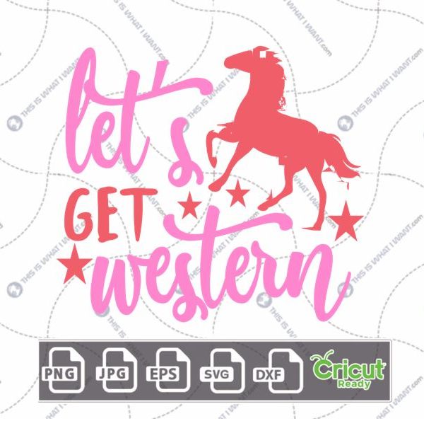Let's Get Western Text with Red Horse & Stars Art Design - Hi-Quality Vector in Ai, Svg, Jpg, Png, Eps Formats - Cricut Ready